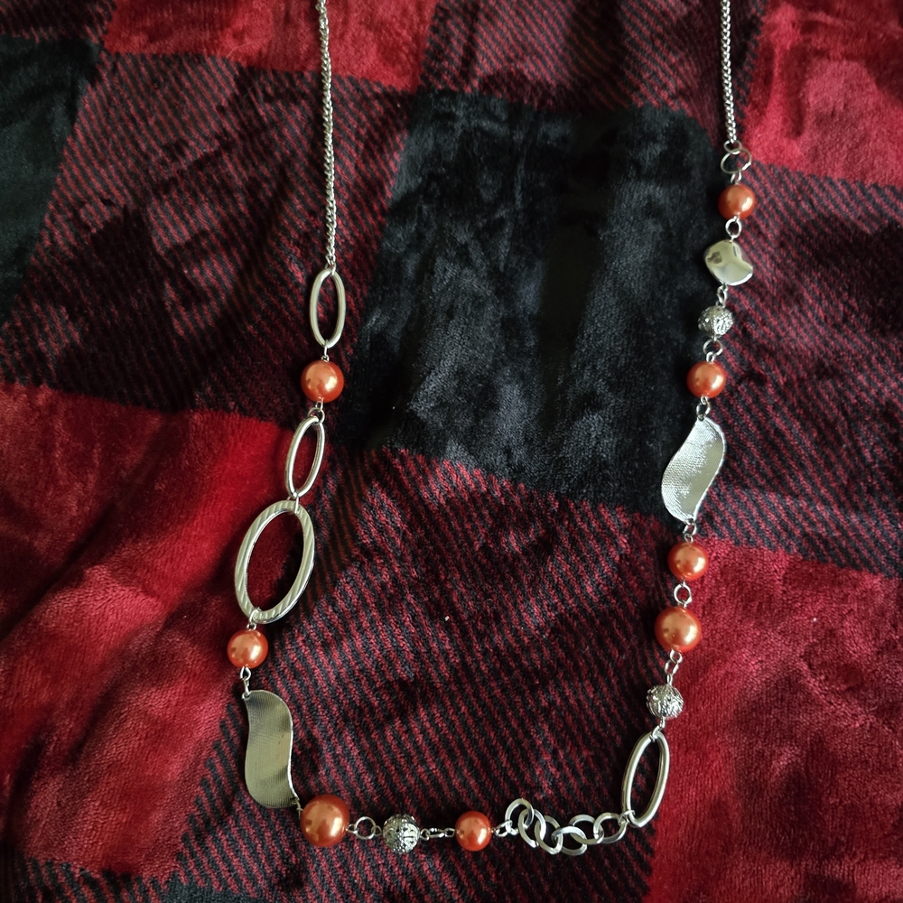 Silver & Orange Beaded Chain Necklace - Never Worn